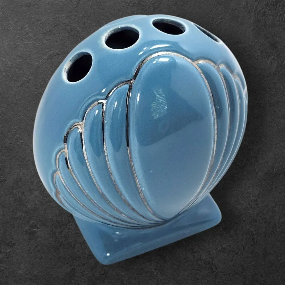 Vintage Blue Silver Seashell Toothbrush Holder Ceramic Nautical Beach Bathroom